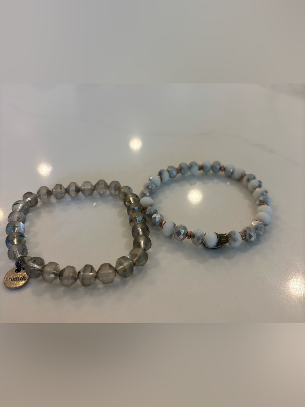 Erimish Gray and White Beaded Stretch Bracelet Duo